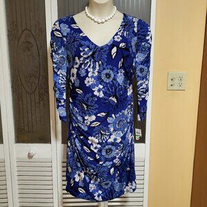 I.N.C. International Concepts Ladies Blue White Black Floral Ruched Dress